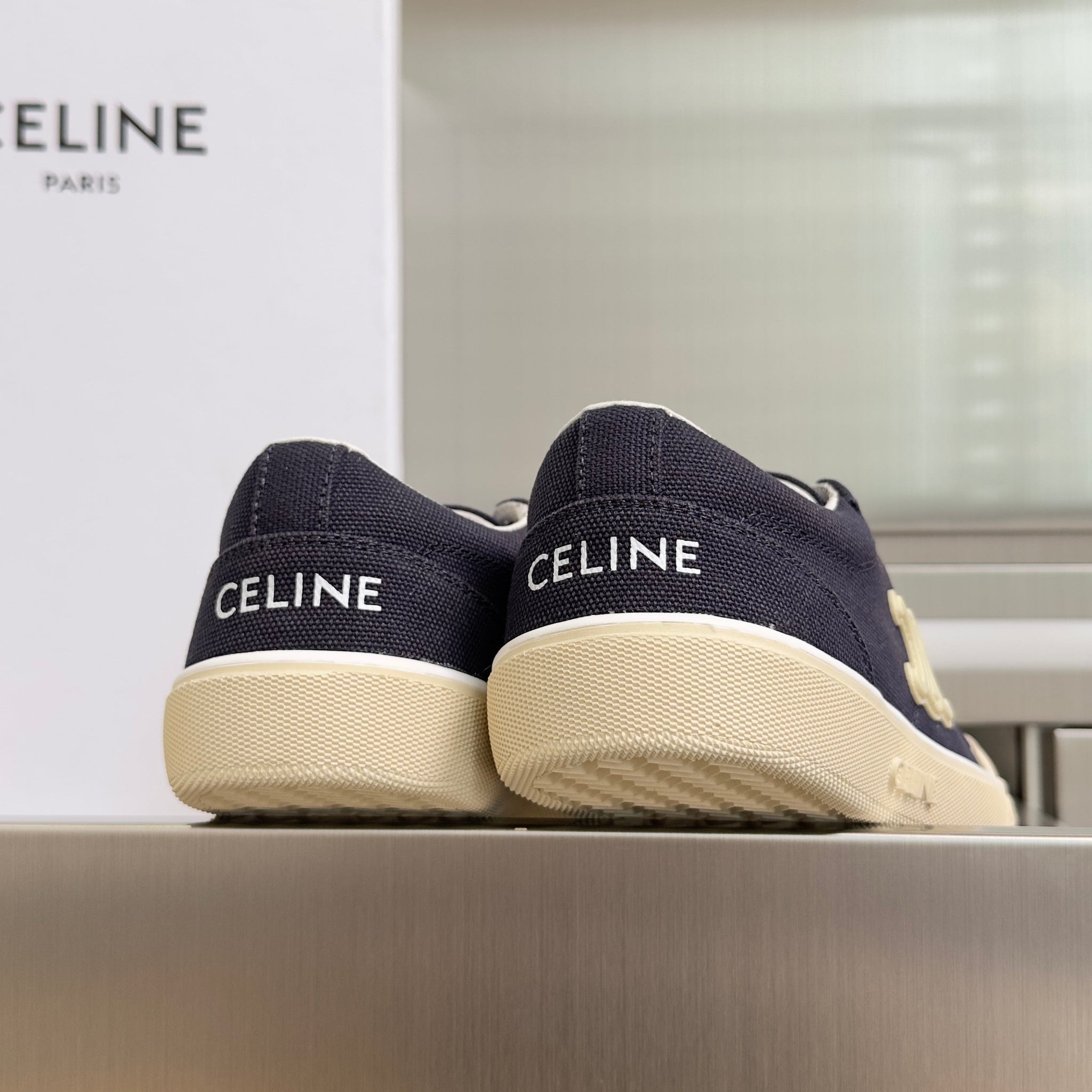 Celine 26s Lace-Up Sneakers In Navy Blue Canvas