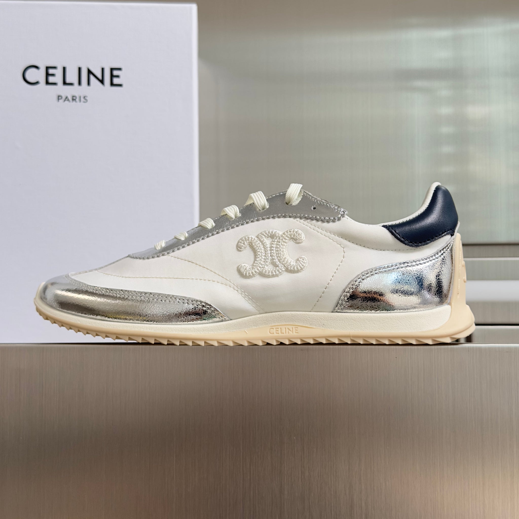 Celine 26s Racer Sneakers In White Fabric And Silver Calfskin