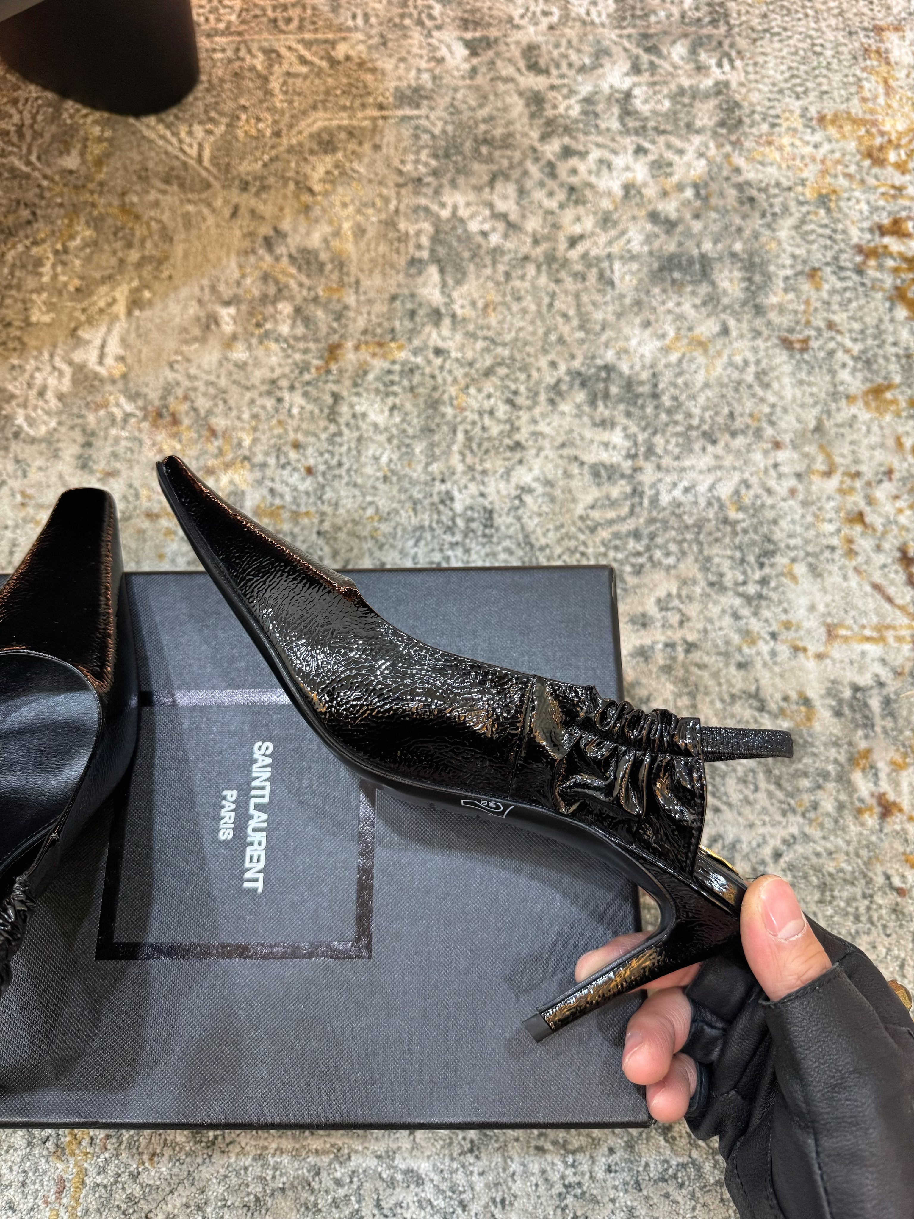 YSL Anne-Marie Slingback 8cm Black Glossy Sheepskin 637224