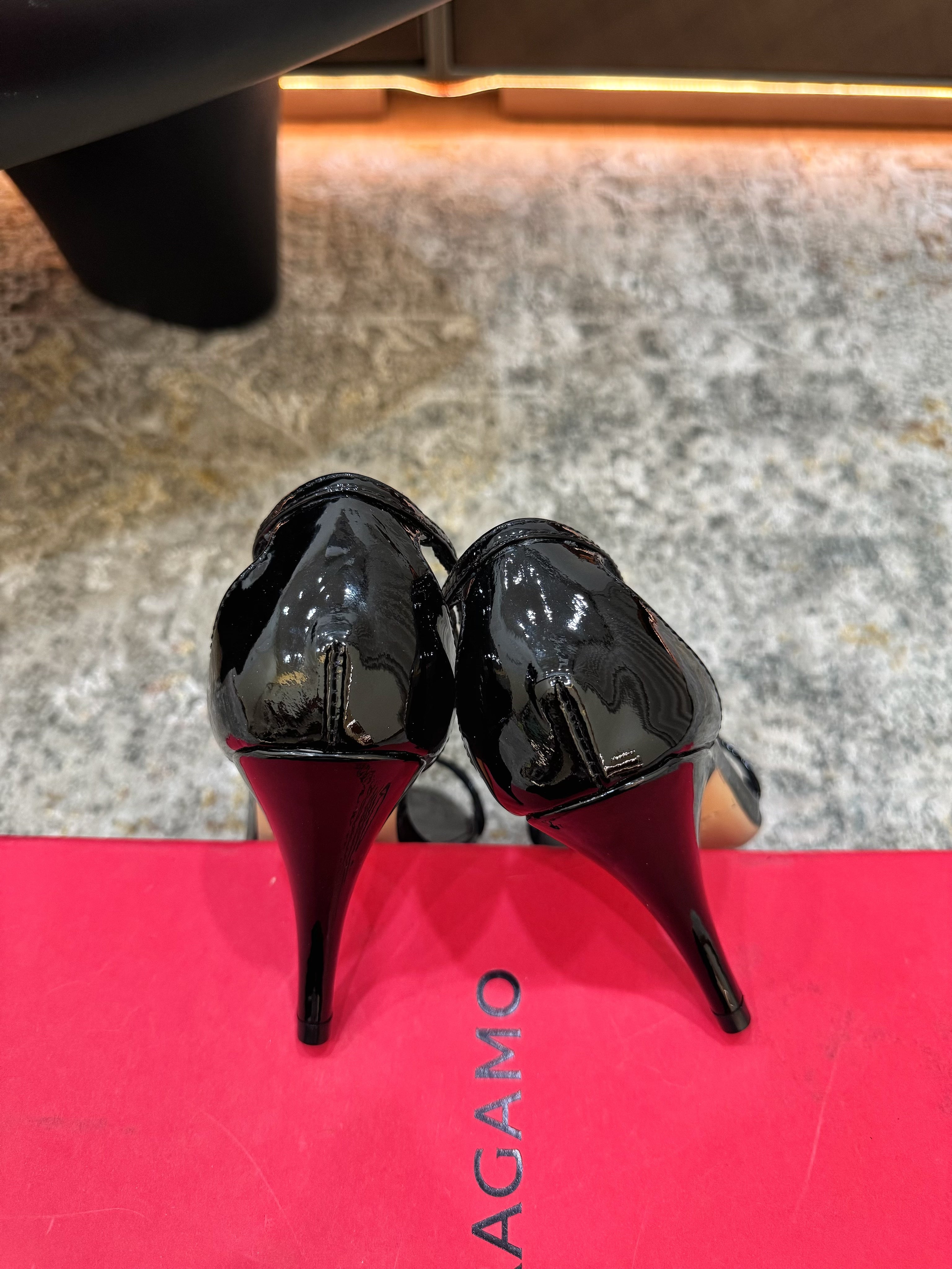 Ferragamo Crystal Embellishments Sandals 9cm Black Patent Leather 694845