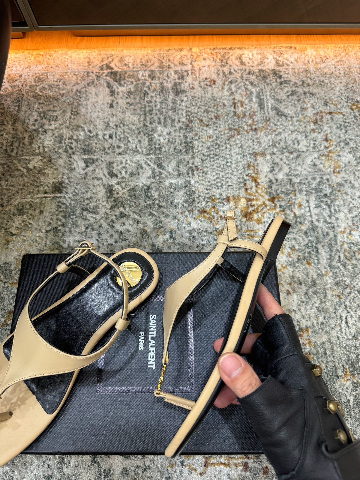 YSL 26s Cassandra Thong Sandals Beige Calfskin Leather 198793