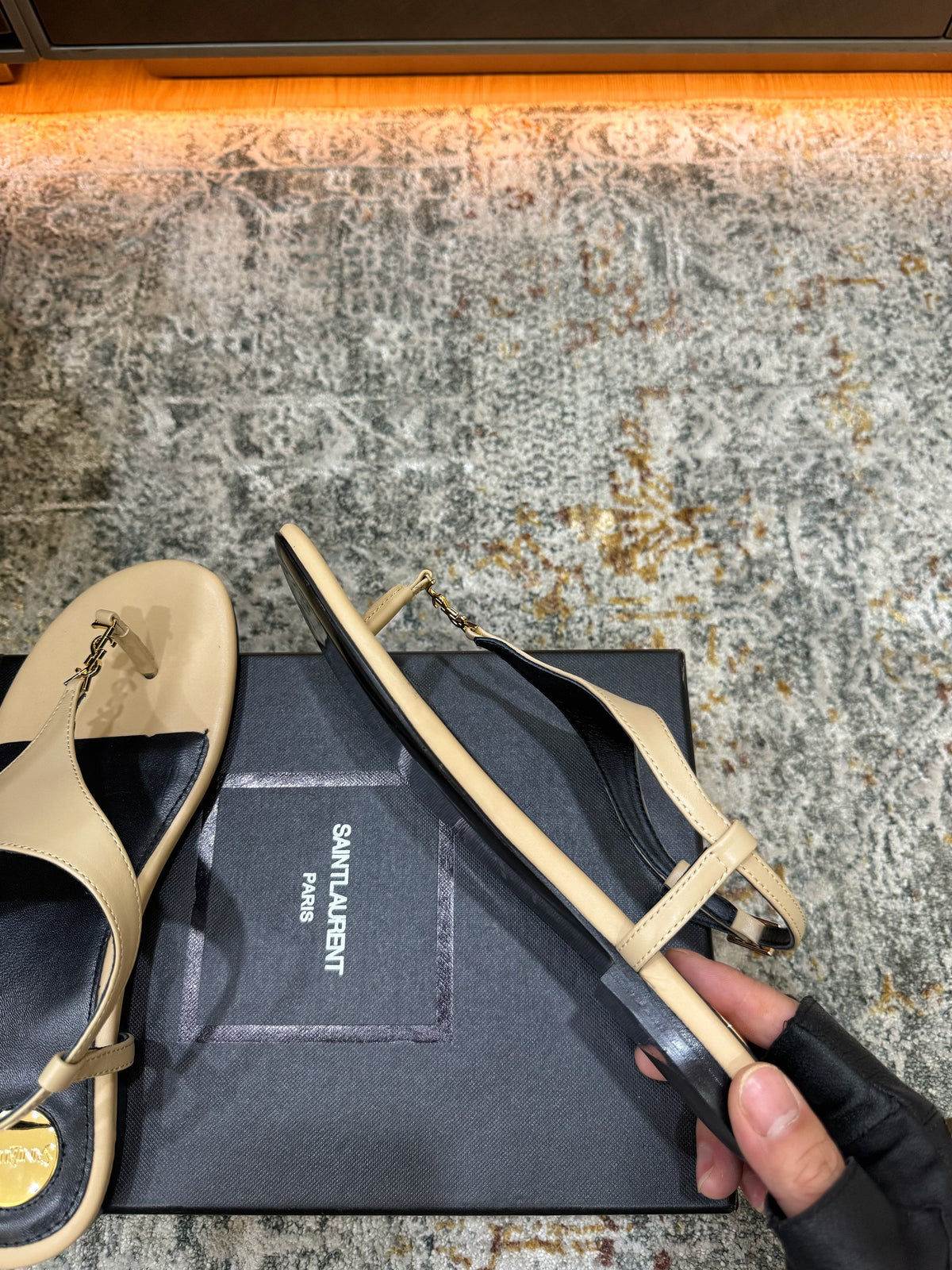 YSL 26s Cassandra Thong Sandals Beige Calfskin Leather 198793
