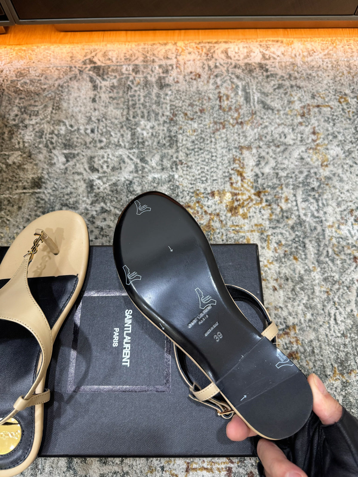 YSL 26s Cassandra Thong Sandals Beige Calfskin Leather 198793