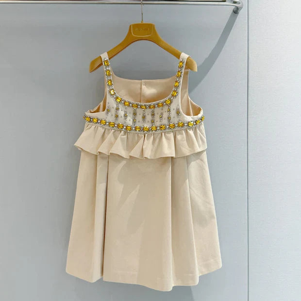 Miumiu 2026 Diamond-Embellished Dress Beige Cotton 444928