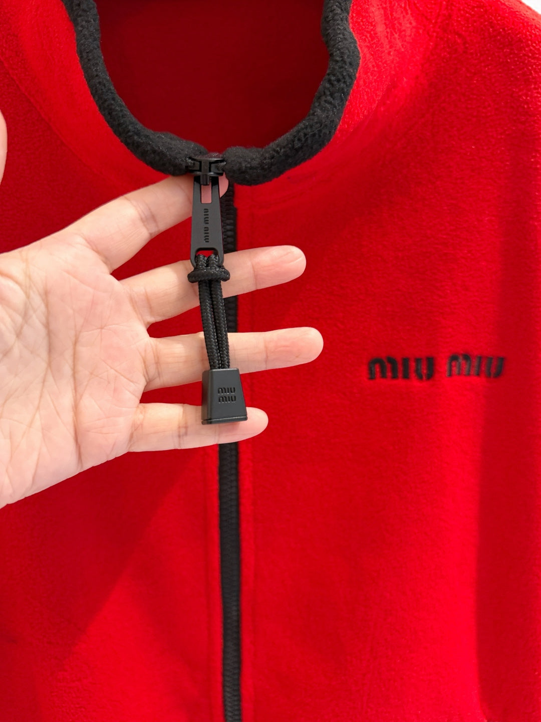 Miu 26s Stand-Collar Coat Red Cotton 418749