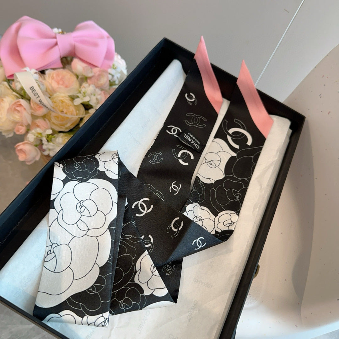 CC Twilly Mini Scarf 120cm Black Pink Mulberry Silk 953290