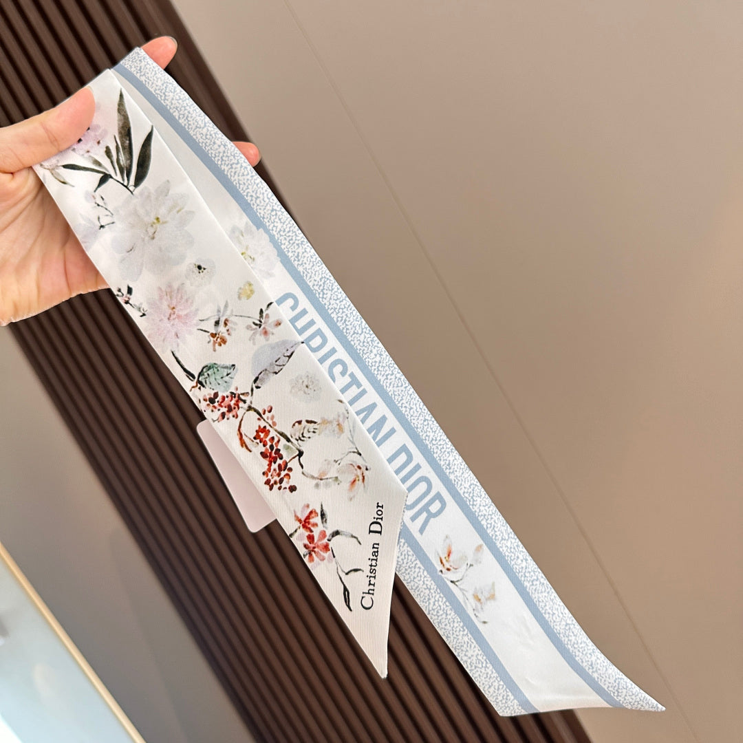 CD Twilly Mini Scarf 105 White Floral Pattern Silk Twill 147669
