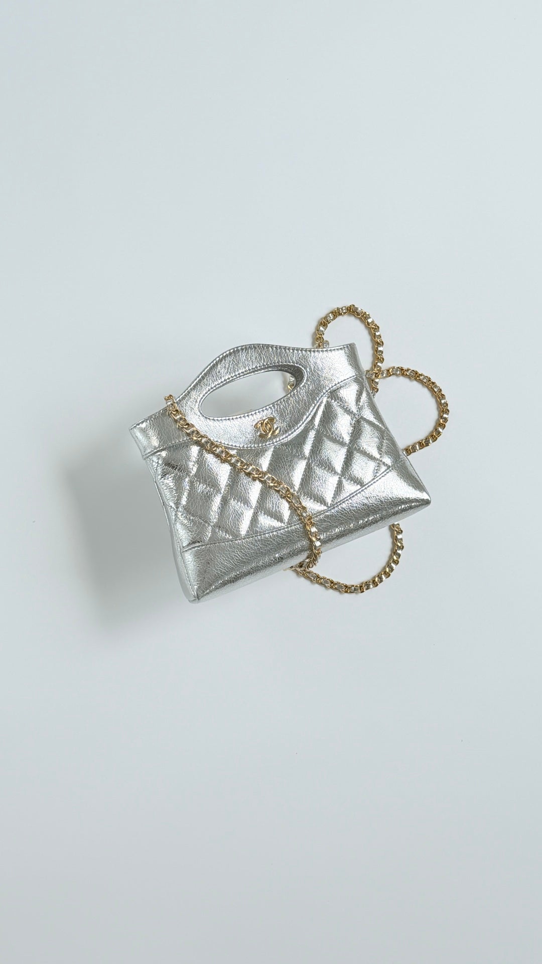 CC 26s Top Handle Bag Silver Metallic Quilted Leather