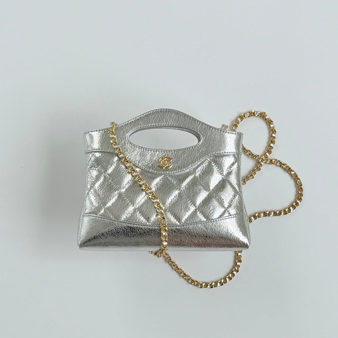 CC 26s Top Handle Bag Silver Metallic Quilted Leather
