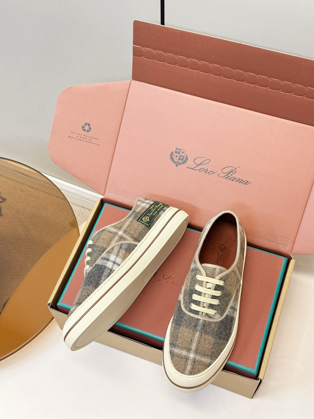 Loro Piana Shoes Nantucket Walk Sneaker Khaki Plaid Wool 178082