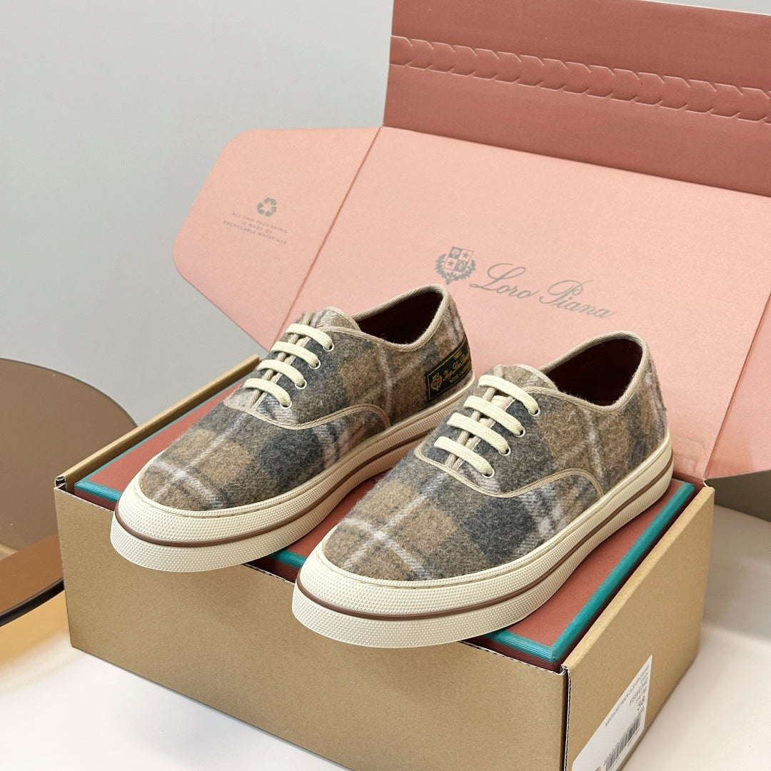 Loro Piana Shoes Nantucket Walk Sneaker Khaki Plaid Wool 178082
