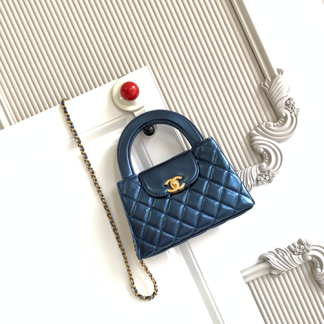 cc 24a nano 19cm kelly shopper bag metallic blue lambskin