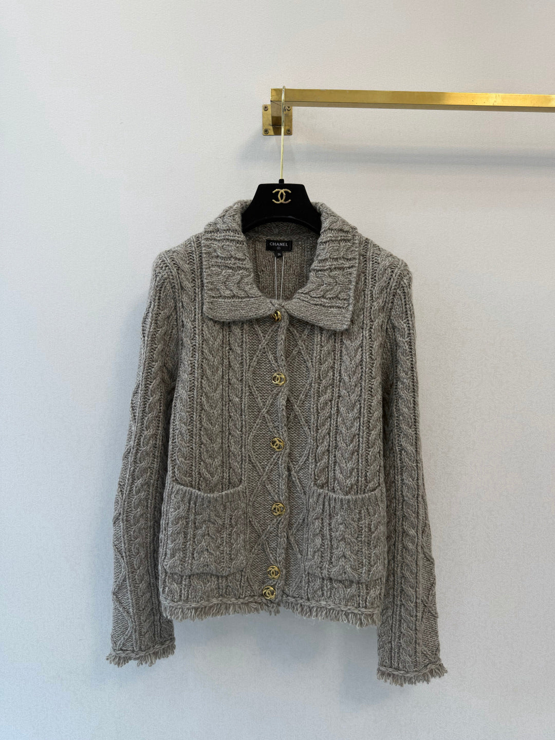Chanel 2026 Gold Button Cable Knit Collared Cardigan Jacket Cashmere 438300