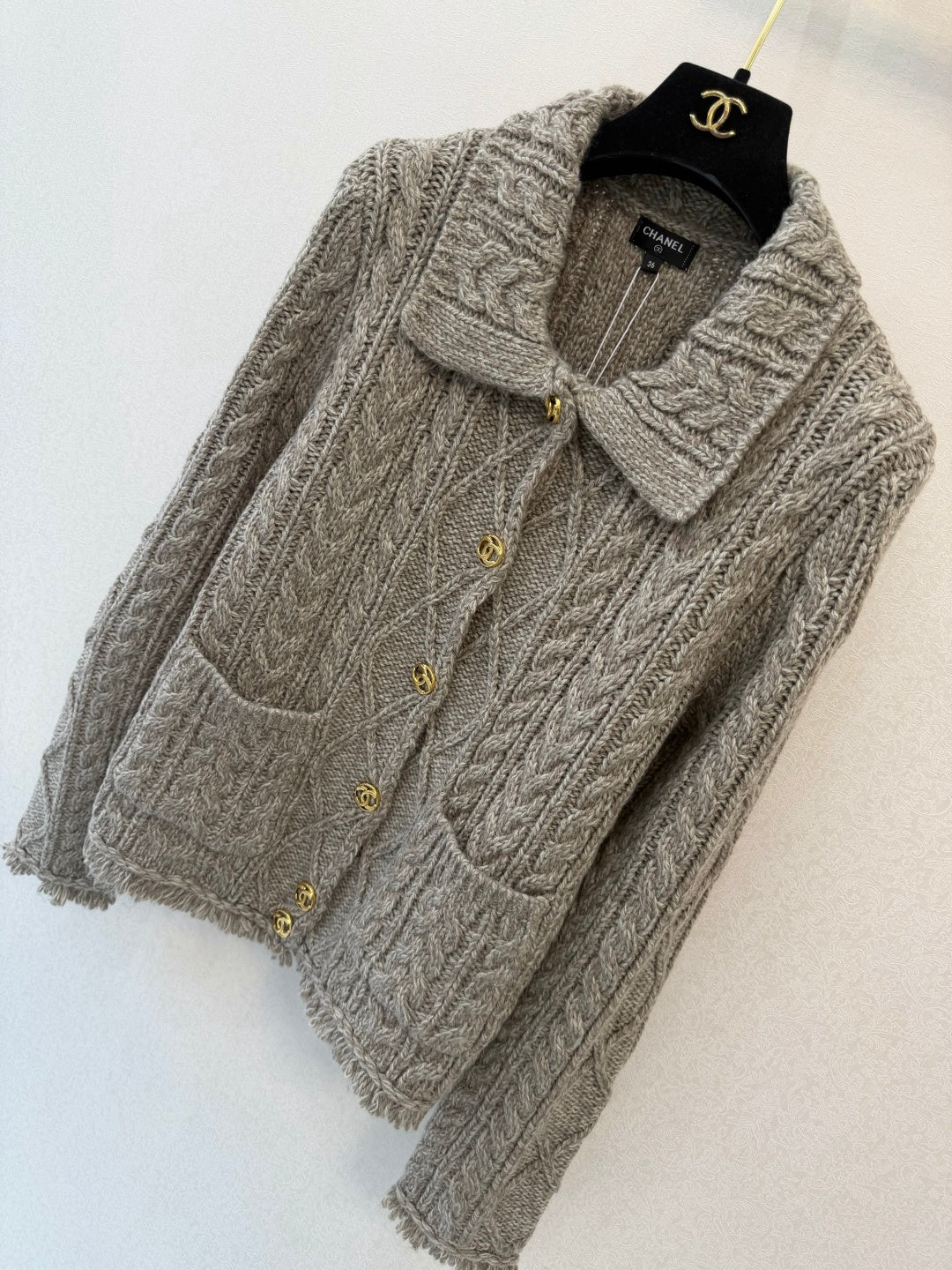 Chanel 2026 Gold Button Cable Knit Collared Cardigan Jacket Cashmere 438300