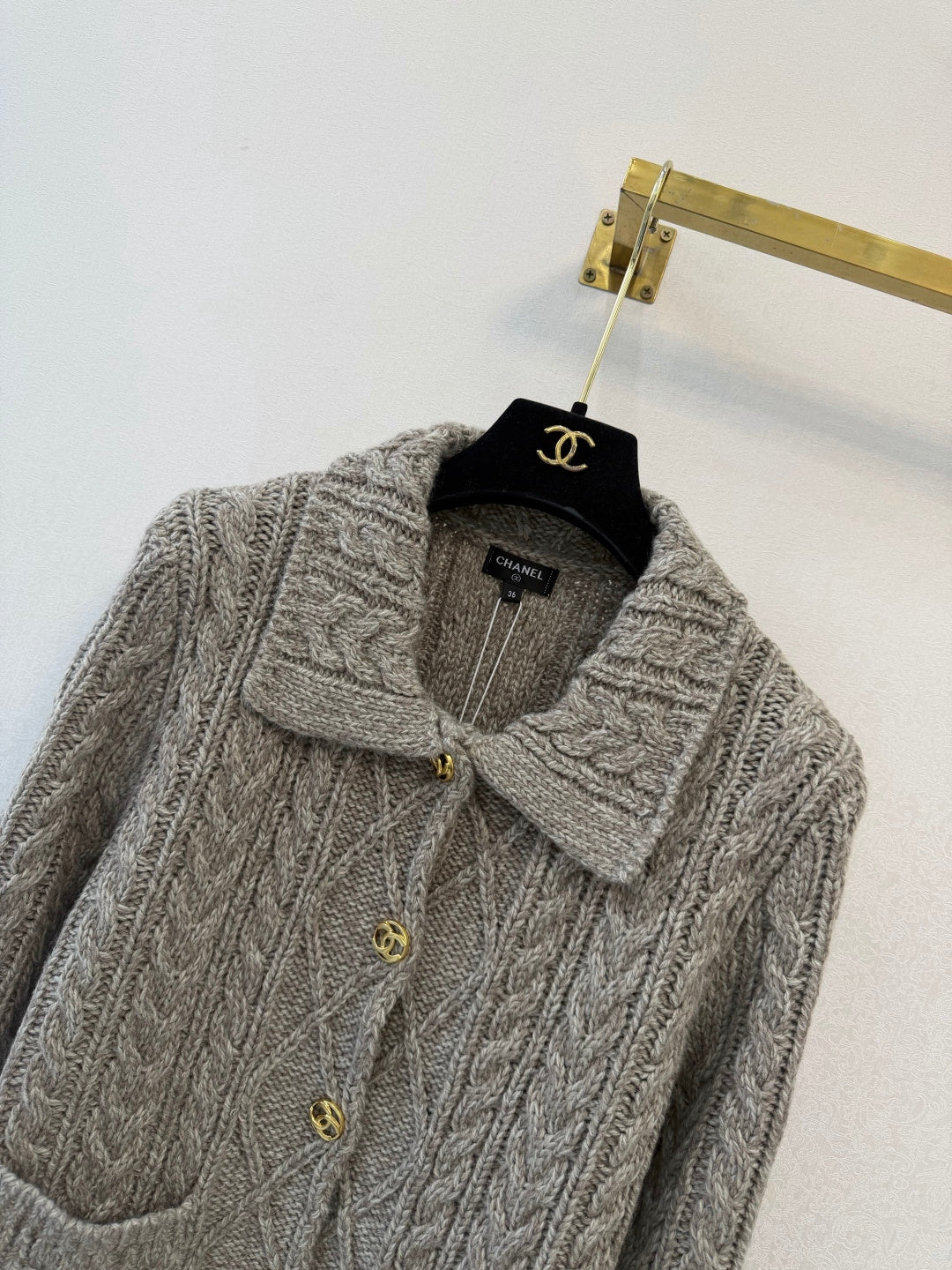 Chanel 2026 Gold Button Cable Knit Collared Cardigan Jacket Cashmere 438300