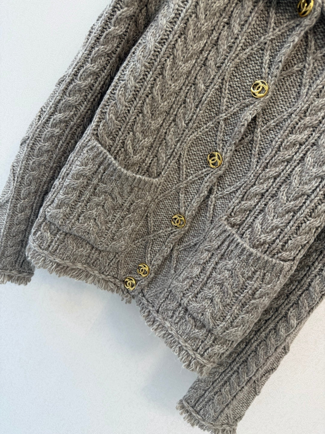 Chanel 2026 Gold Button Cable Knit Collared Cardigan Jacket Cashmere 438300