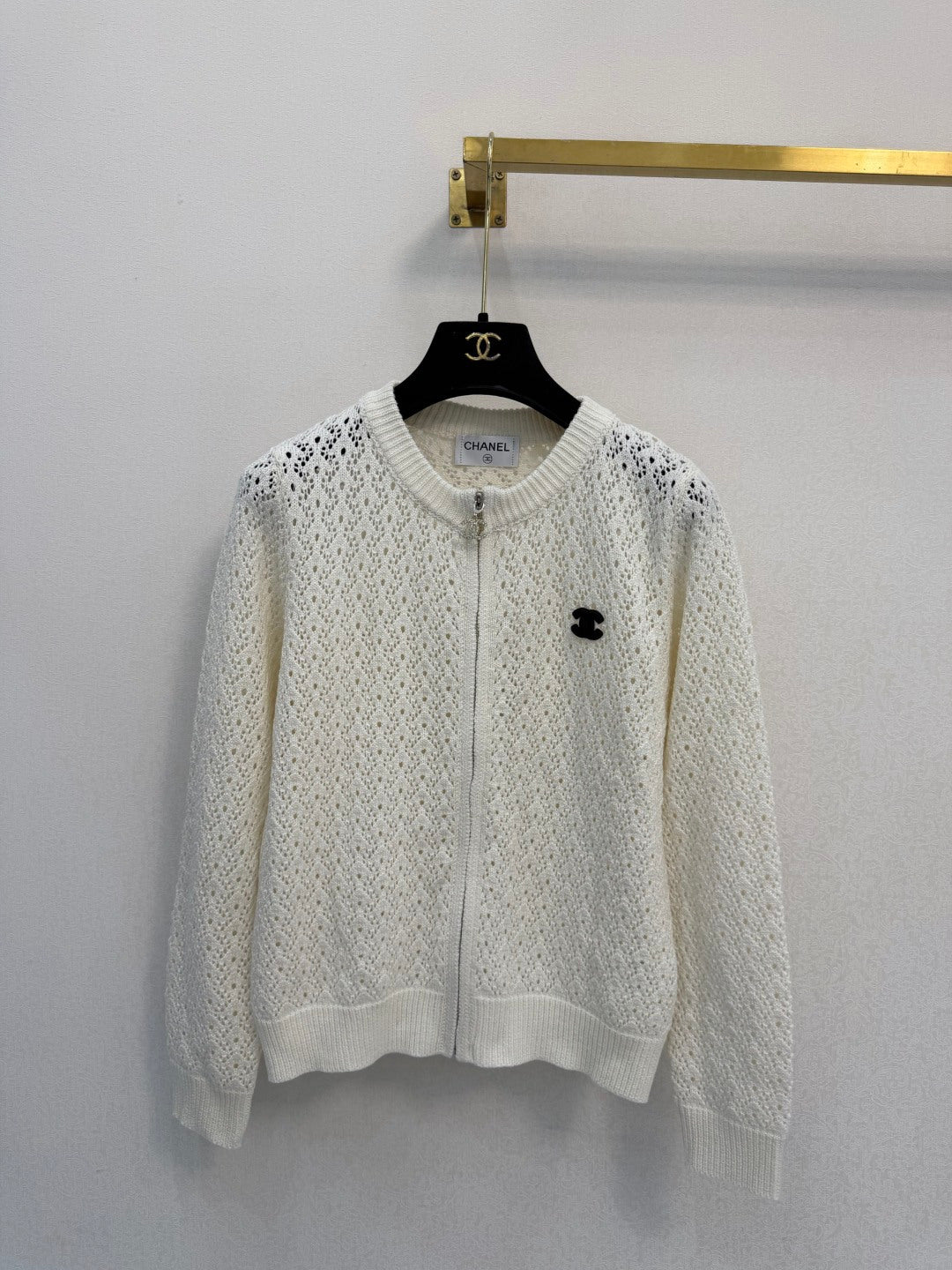 Chanel 2026 Logo Brooch Openwork Zip-Up Cardigan Jacket Wool Blend 438295