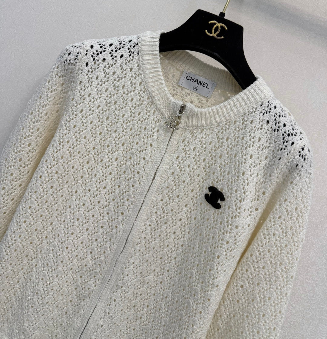 Chanel 2026 Logo Brooch Openwork Zip-Up Cardigan Jacket Wool Blend 438295