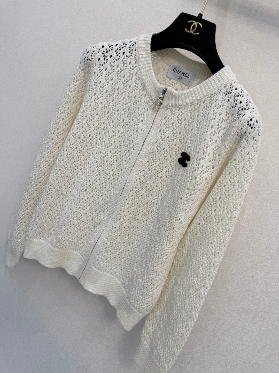 Chanel 2026 Logo Brooch Openwork Zip-Up Cardigan Jacket Wool Blend 438295