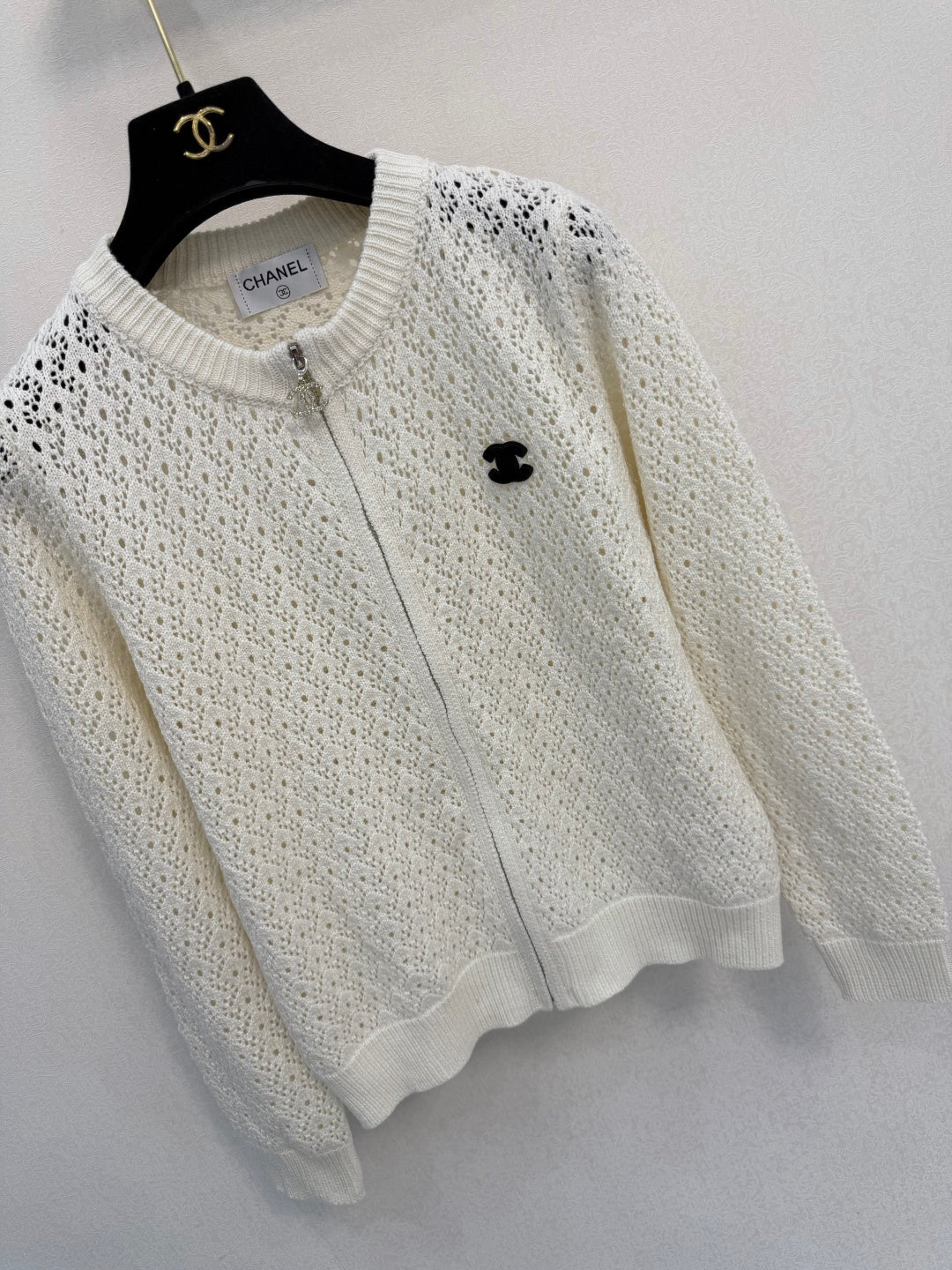 Chanel 2026 Logo Brooch Openwork Zip-Up Cardigan Jacket Wool Blend 438295