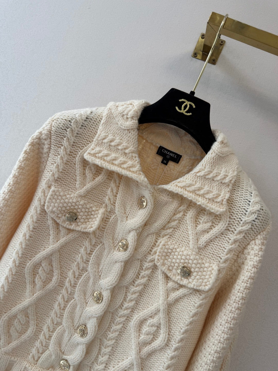 Chanel 2026 Cable Knit Ruffle Hem Collared Cardigan Jacket Cashmere 438210