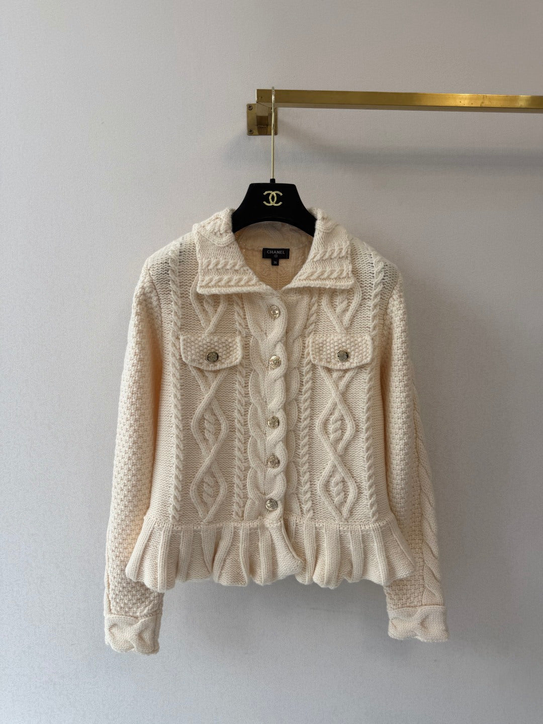 Chanel 2026 Cable Knit Ruffle Hem Collared Cardigan Jacket Cashmere 438210