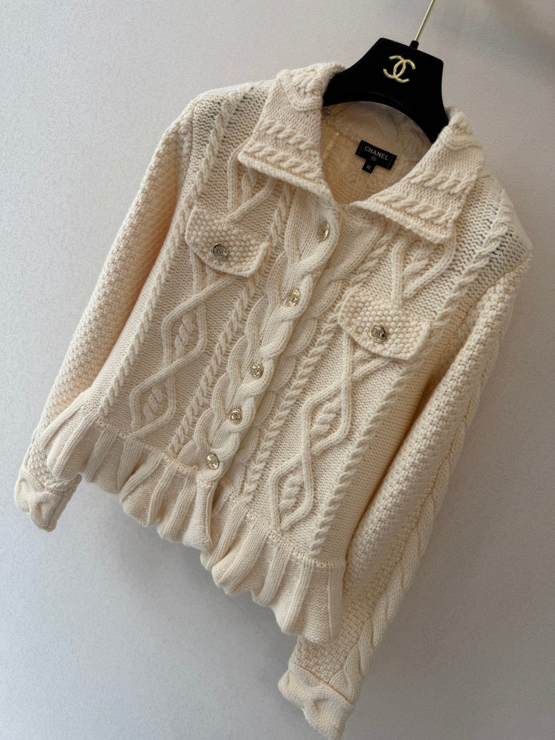 Chanel 2026 Cable Knit Ruffle Hem Collared Cardigan Jacket Cashmere 438210
