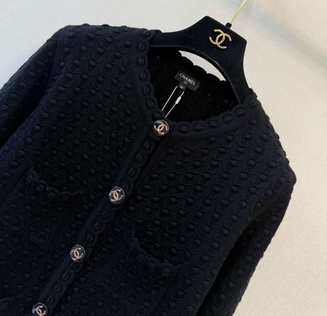 Chanel 2026 Textured Bubble Knit Round Neck Cardigan Jacket Cotton Silk Blend 438201