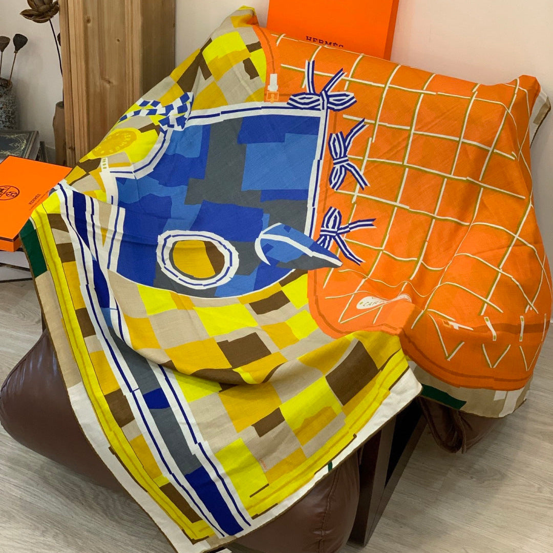 HM 25s Checkered Horse Scarf 140cm Orange Yellow Cashmere Silk 970932
