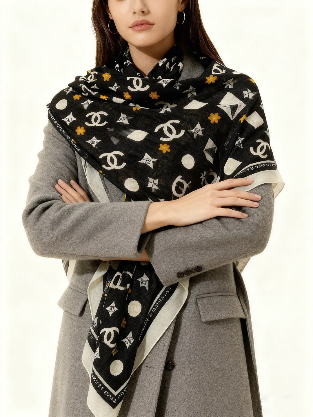 CC Scarf 140cm Black Monogram Silk Cashmere 143733