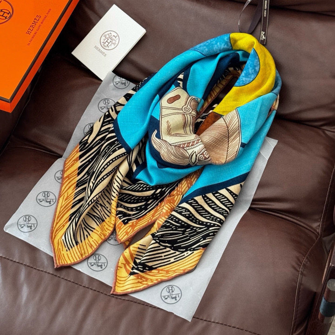 HM 26s Double-sided Scarf 140cm Bleu Yellow Silk Cashmere 153140