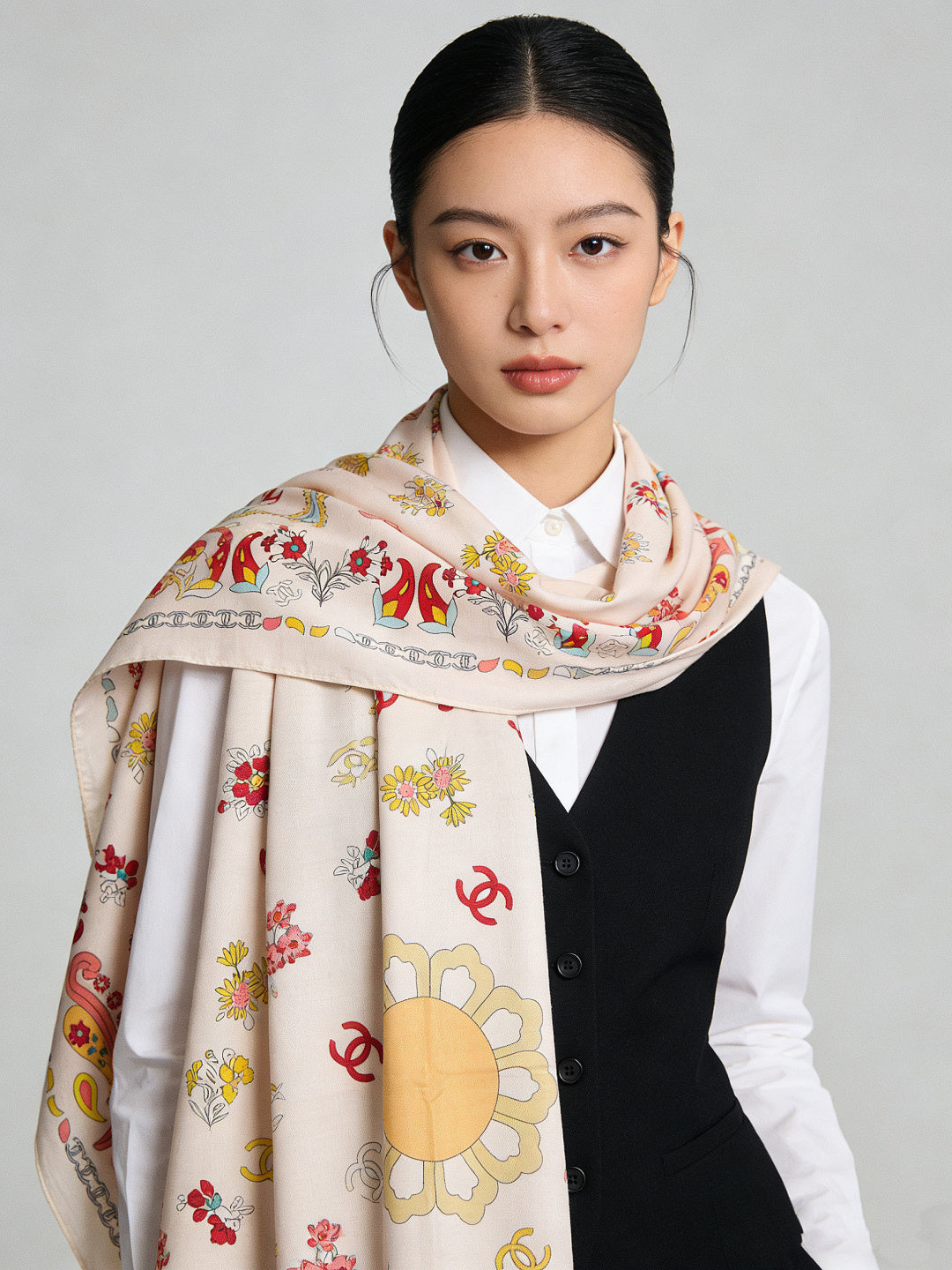 CC Double-Sided Scarf 135cm Ecru Off-white Cream  Mulberry Silk Cashmere 153170