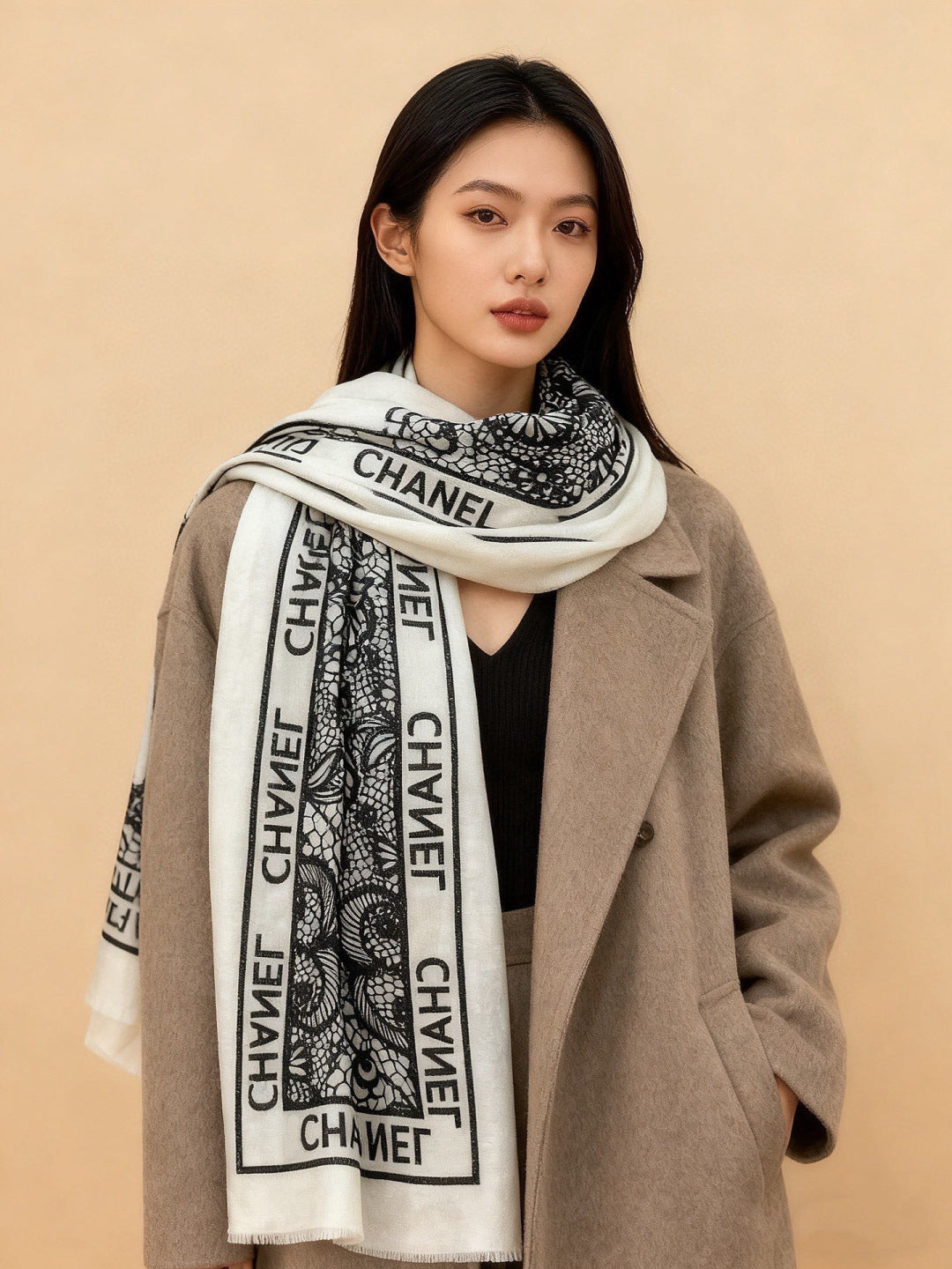CC Double-Sided Scarf 100*200cm White Black Cashmere 153172