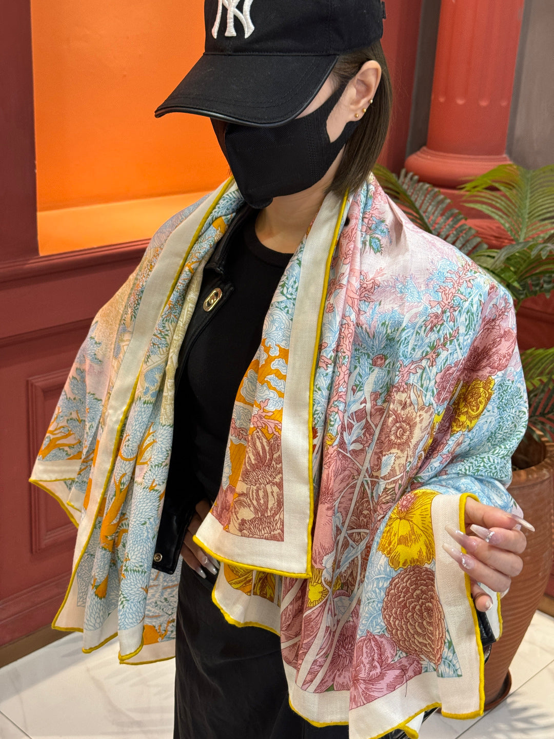 Retour a la Nature Scarf 140cm Yellow Colorful Cashmere Silk