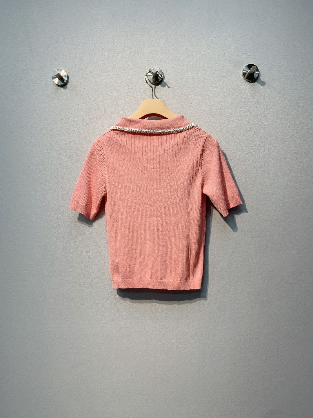 Miu SS26 Knitted Collared Lace Beaded Logo Top Light Coral Cotton Silk 350904