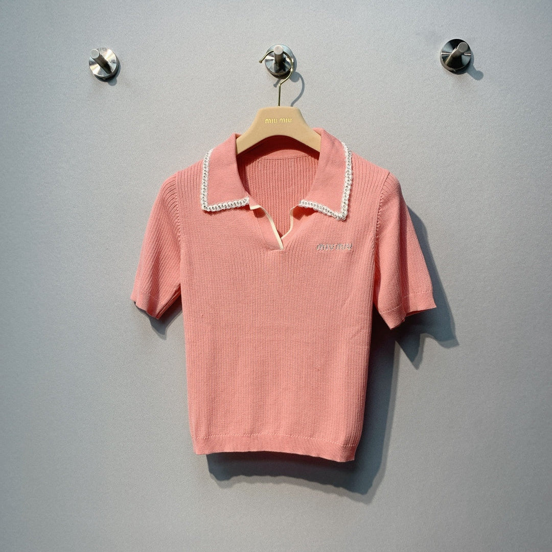 Miu SS26 Knitted Collared Lace Beaded Logo Top Light Coral Cotton Silk 350904