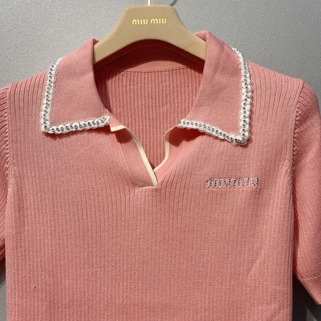 Miu SS26 Knitted Collared Lace Beaded Logo Top Light Coral Cotton Silk 350904