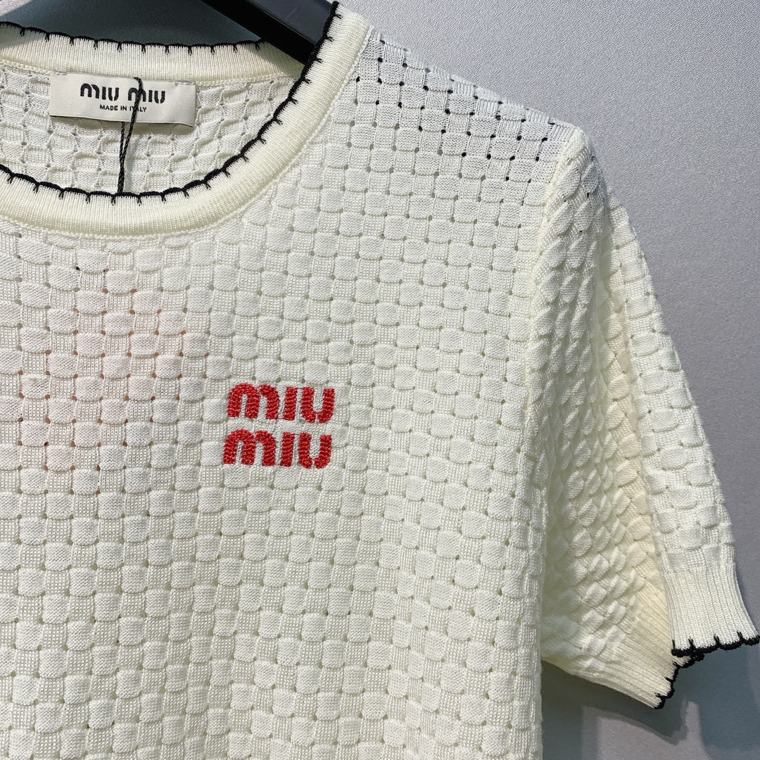 Miu Miu Short-Sleeve Knitwear White Linen Acrylic Lyocell 362609