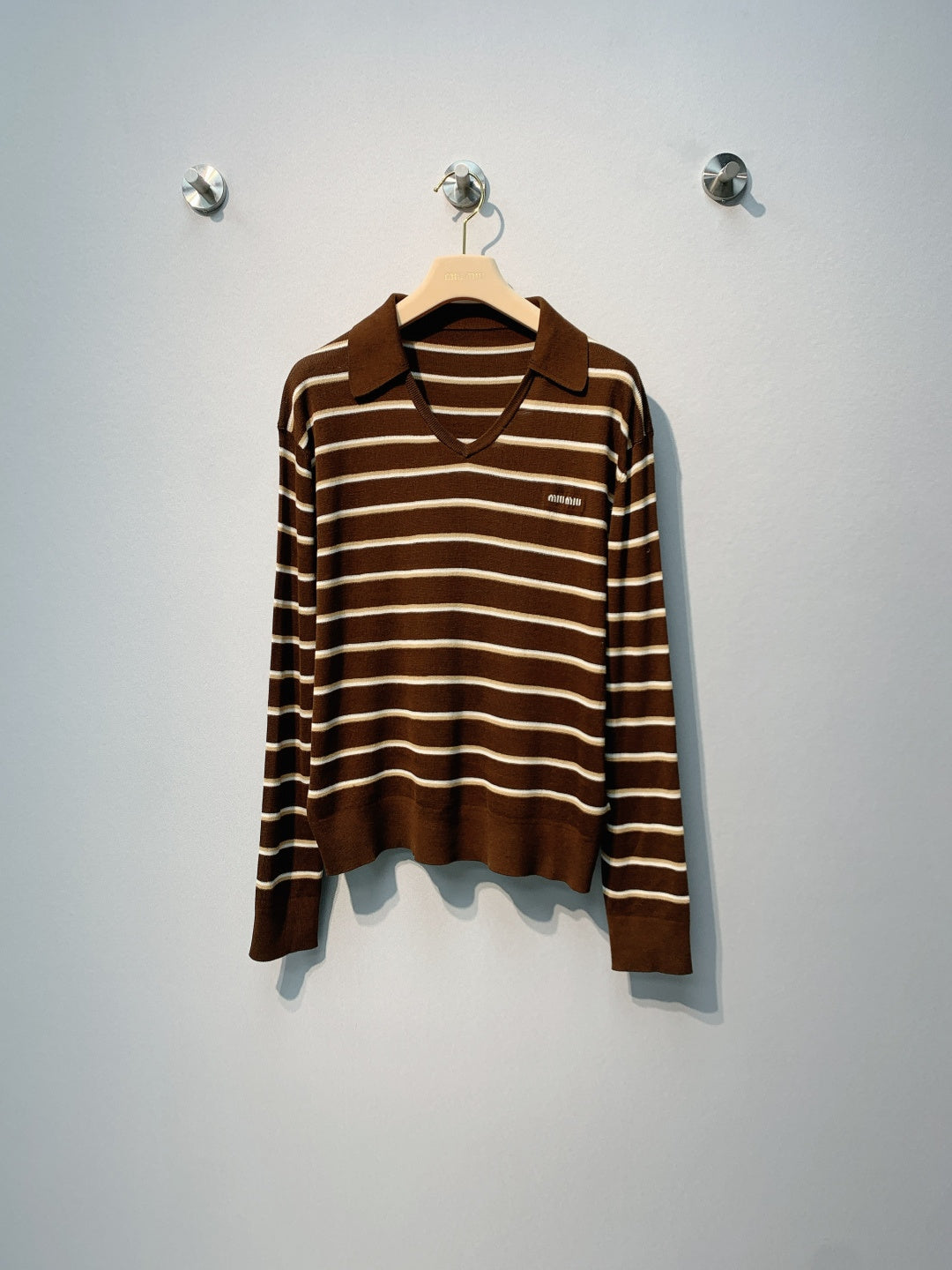 Miu Miu Striped V-Neck T-Shirt Brown Beige Cotton 362614