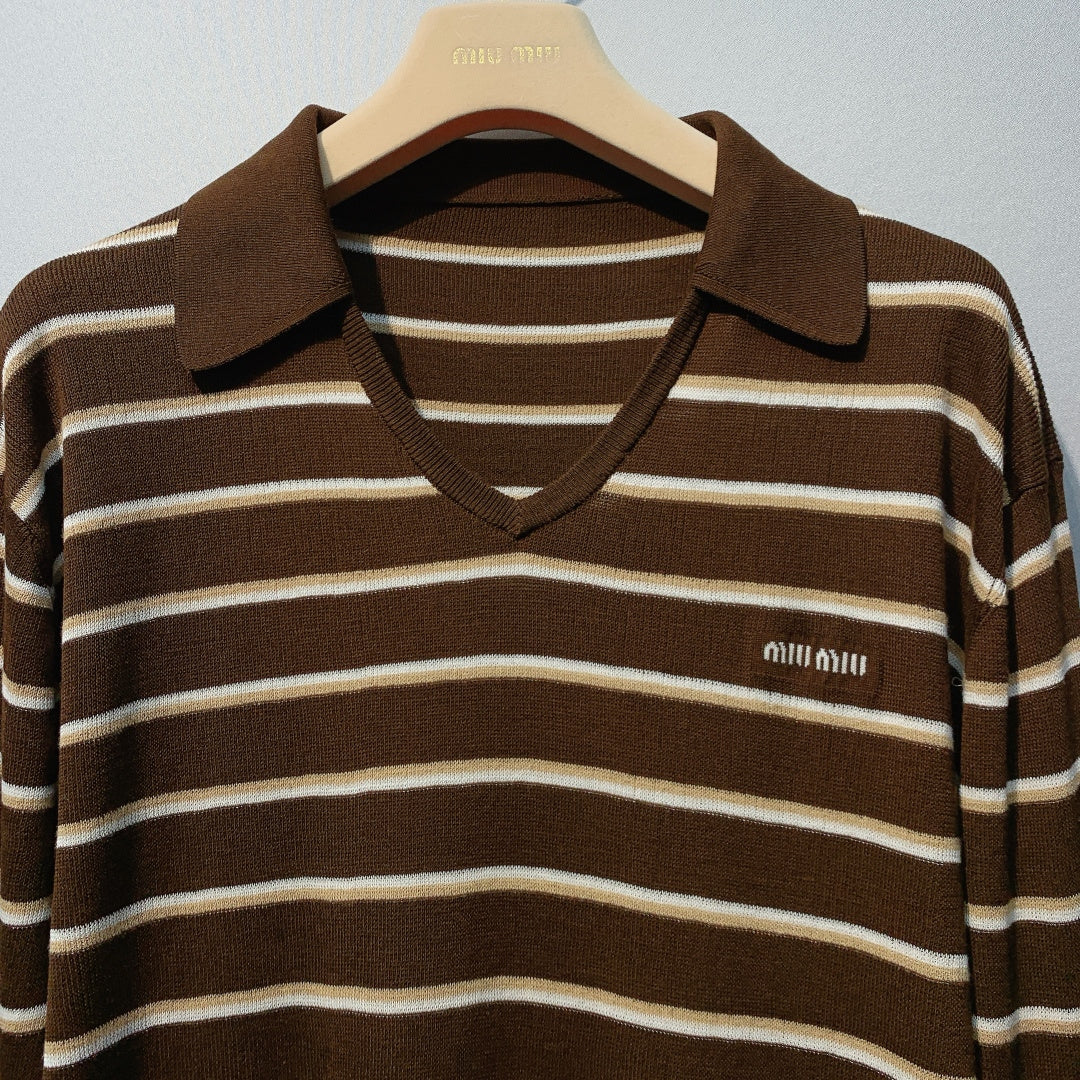 Miu Miu Striped V-Neck T-Shirt Brown Beige Cotton 362614