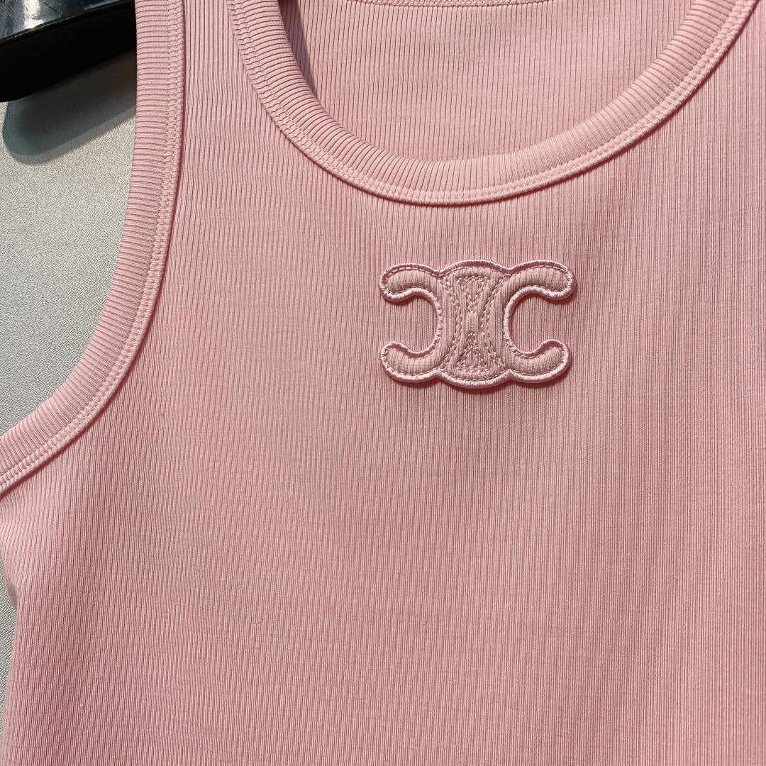 Celine Triomphe Tank Top Light Pink Ribbed Cotton