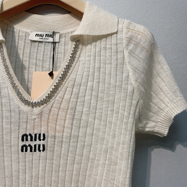 MiuMiu 2026 Knit Polo Shirt Cream Wool 370201