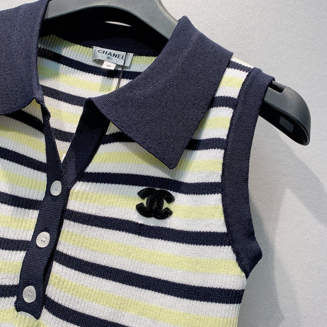 CC 26s Striped Polo Collar Vest Cream Black Knit 395914