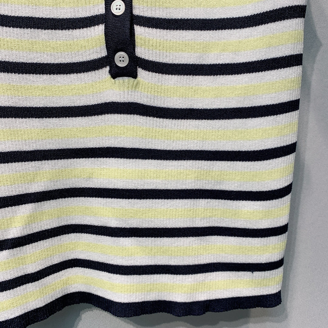 CC 26s Striped Polo Collar Vest Cream Black Knit 395914