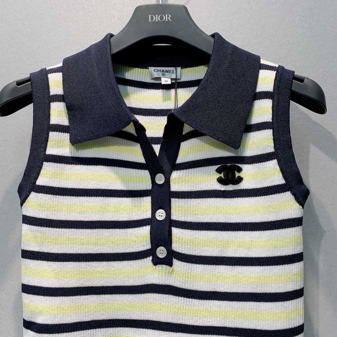 CC 26s Striped Polo Collar Vest Cream Black Knit 395914