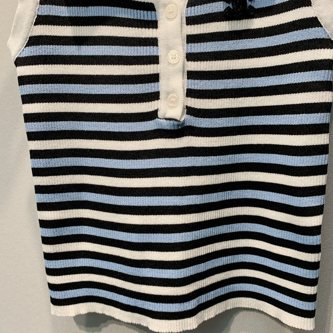 CC 26s Striped Polo Collar Vest White Black Knit 395915