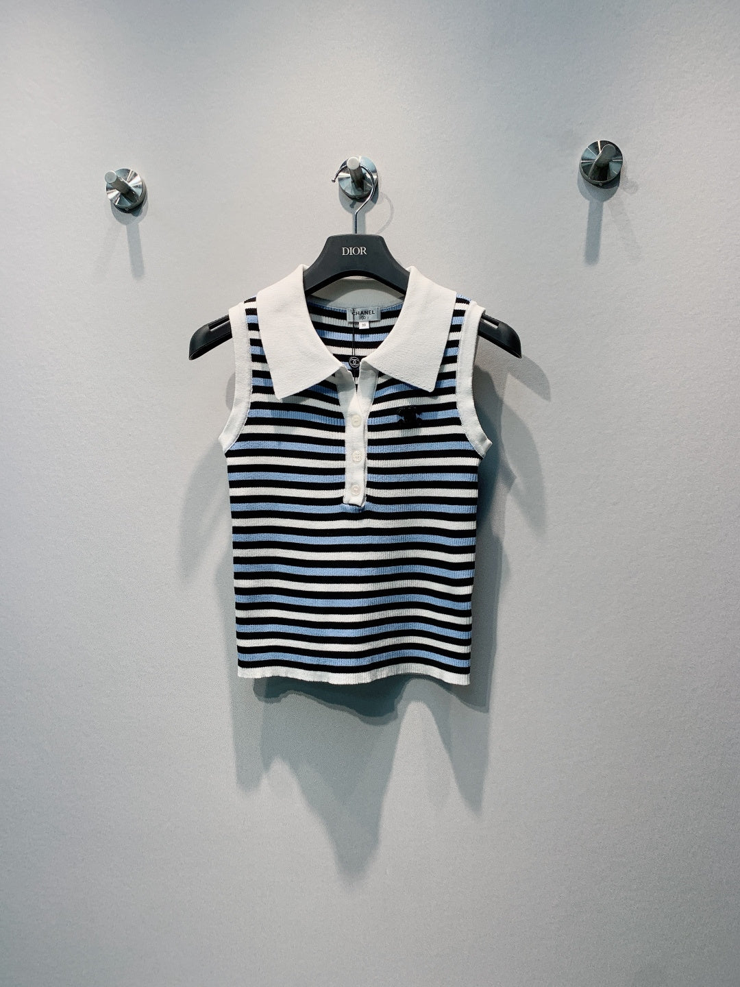 CC 26s Striped Polo Collar Vest White Black Knit 395915