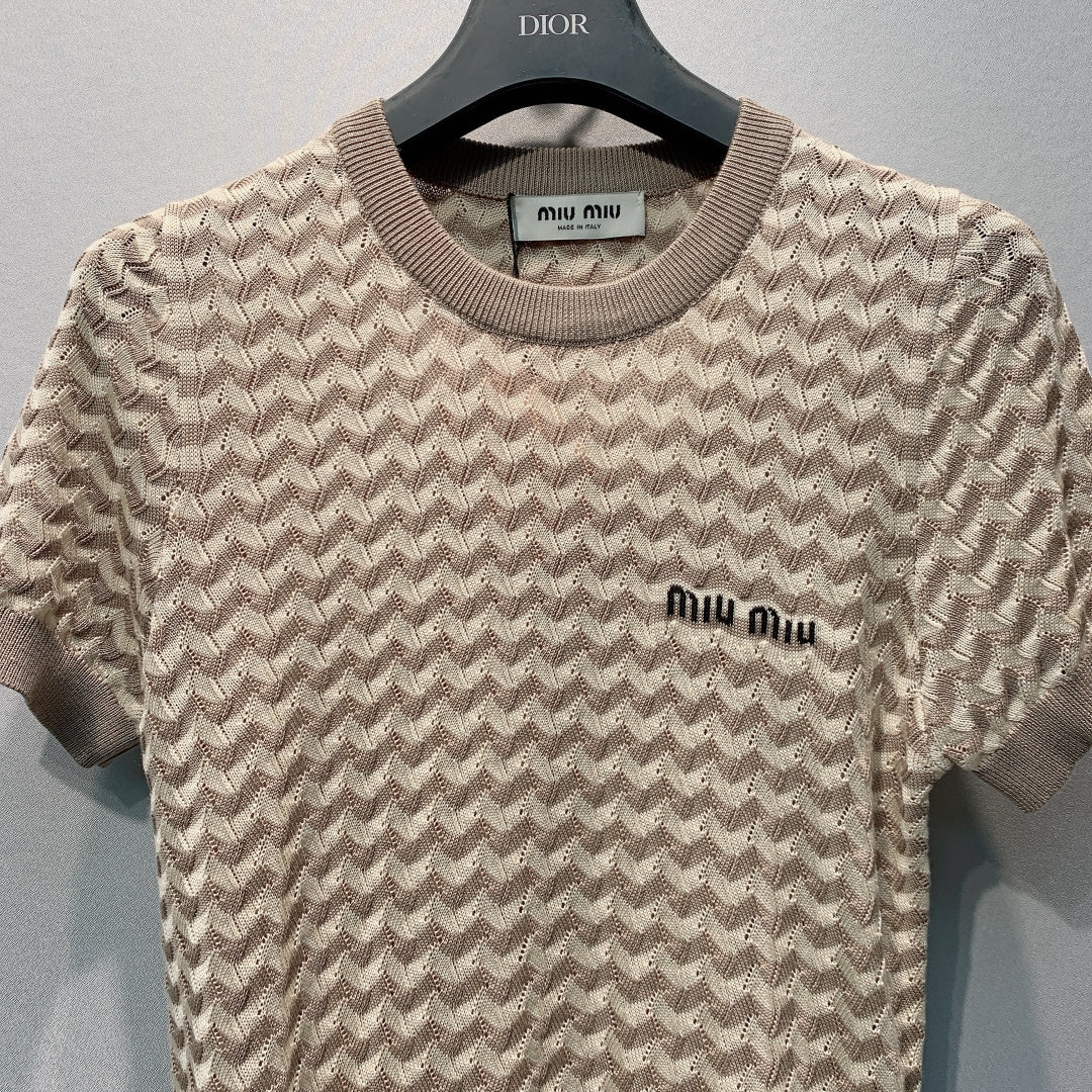 Miu 26s Short-Sleeve T-Shirt Brown White Knit 395917