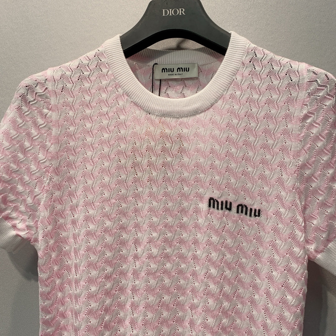Miu 26s Short-Sleeve T-Shirt Pink White Knit 395918