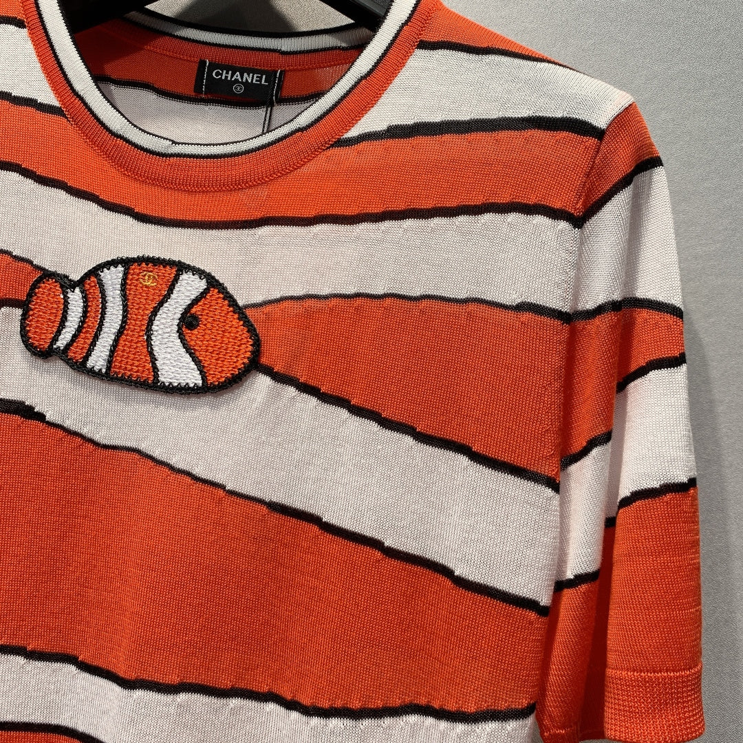 CC Clownfish Knit T-Shirt Orange White Tencel Nylon 395946